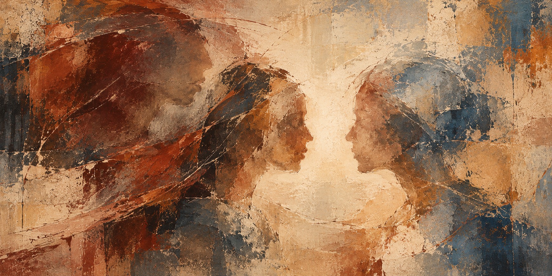 Pintura de dos perfiles enfrentados con una sombra superpuesta, en tonos tierra, crema y azul