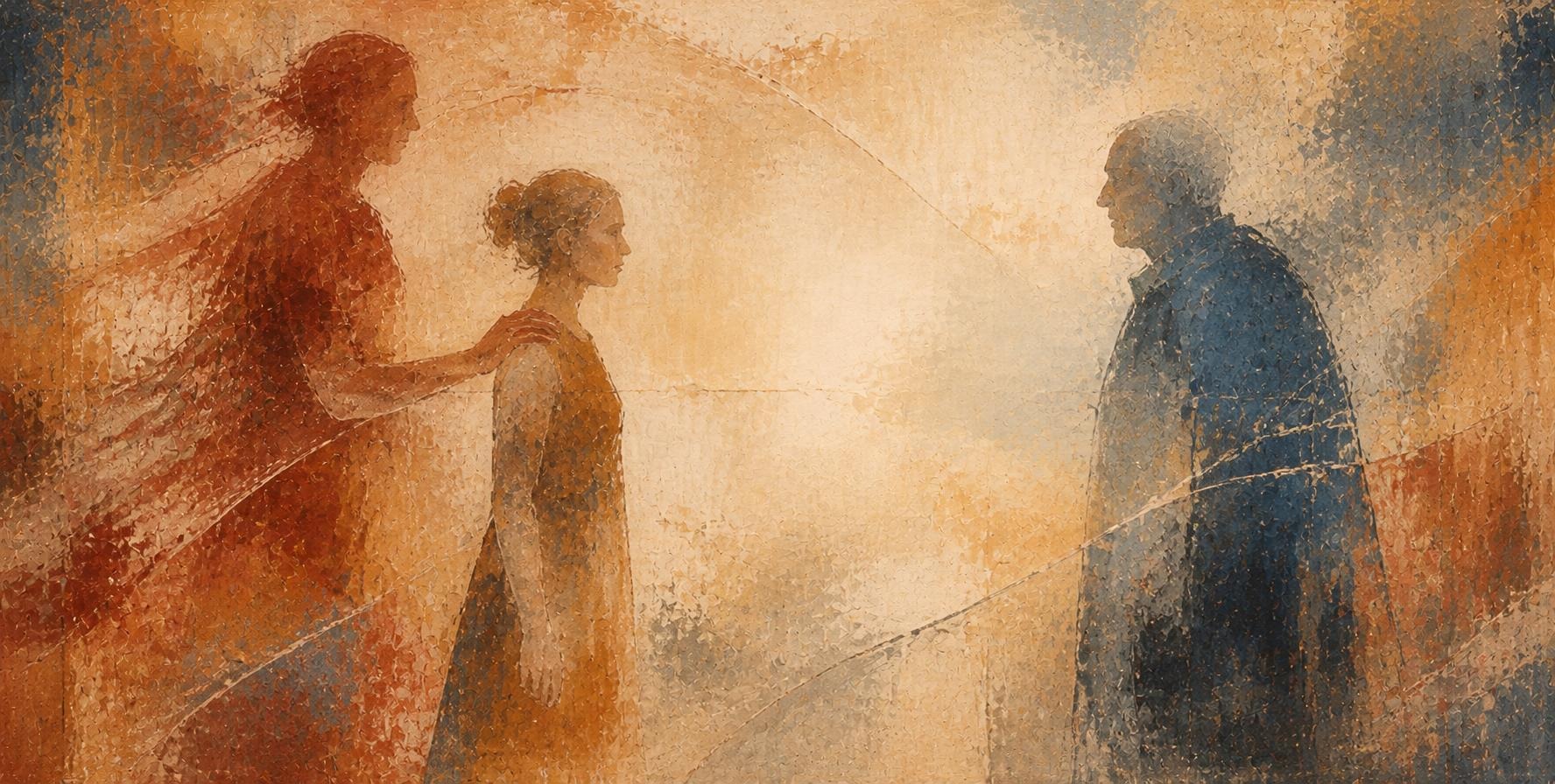 Pintura de una mujer frente a un hombre, con una figura a su espalda apoyando una mano en su hombro, en tonos tierra y azul