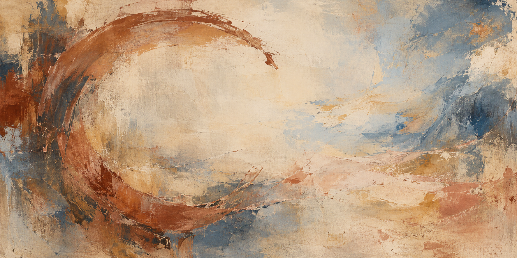 Pintura abstracta con pinceladas curvas en tonos tierra, crema y azul